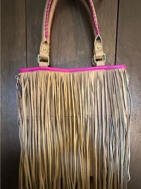 Fringed Tote Handbag with Pink Trim /  Faux Leather